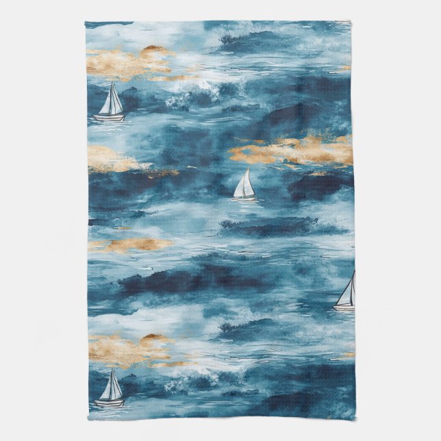 Coastal Sailboat Waves Nautical Pattern (4) Tea Towel (Vertical)