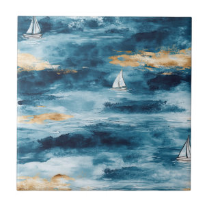 Coastal Sailboat Waves Nautical Pattern (4) Tile