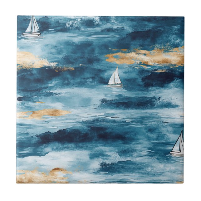 Coastal Sailboat Waves Nautical Pattern (4) Tile (Front)