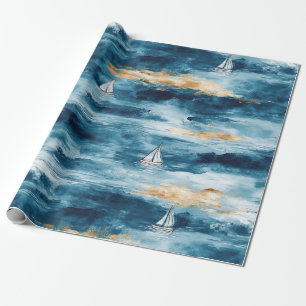 Coastal Sailboat Waves Nautical Pattern (4) Wrapping Paper