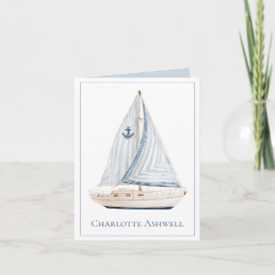 Coastal Sailboat With Blue Stripe Sail Personalise Note Card