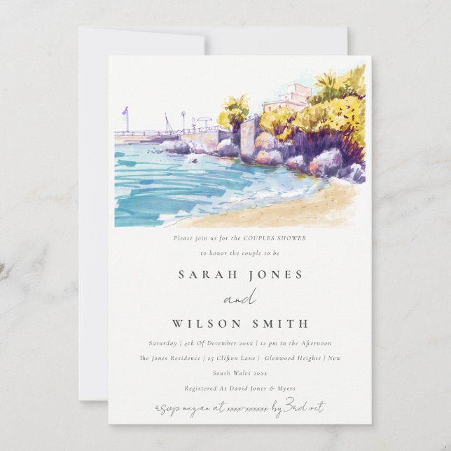 Coastal Sand Beach Rocky Seascape Couples Shower Invitation (Front)