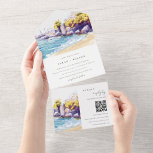 Coastal Sand Beach Rocky Seascape Wedding QR Code All In One Invitation