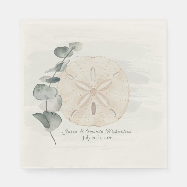 Coastal Sand Dollar & Eucalyptus watercolor Napkin (Front)