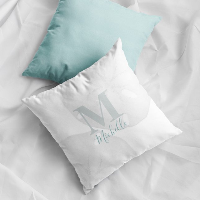 Coastal Sand Dollar Monogram Name Throw Pillow (Coastal monogram pillow with sand dollar design and personalized name beach house decor accent.)