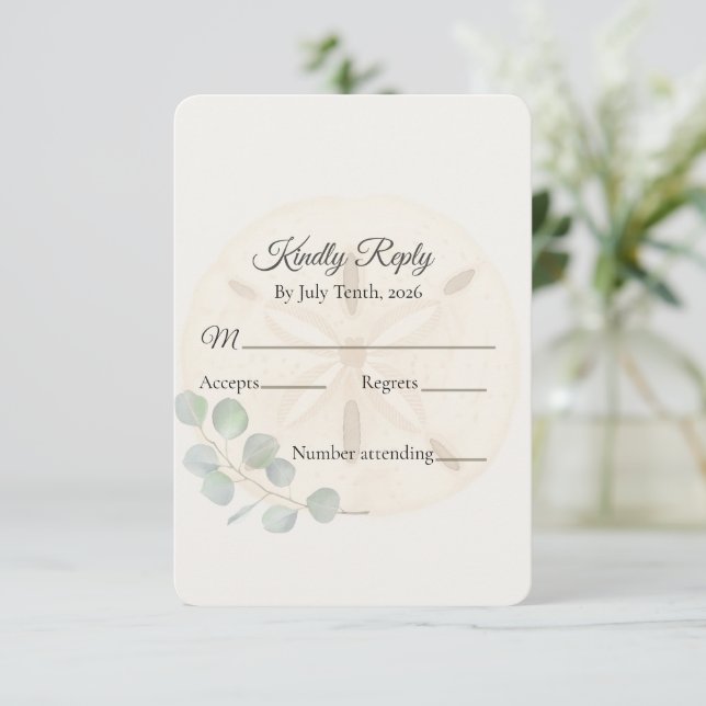Coastal Sand Dollar Wedding  RSVP Card (Standing Front)