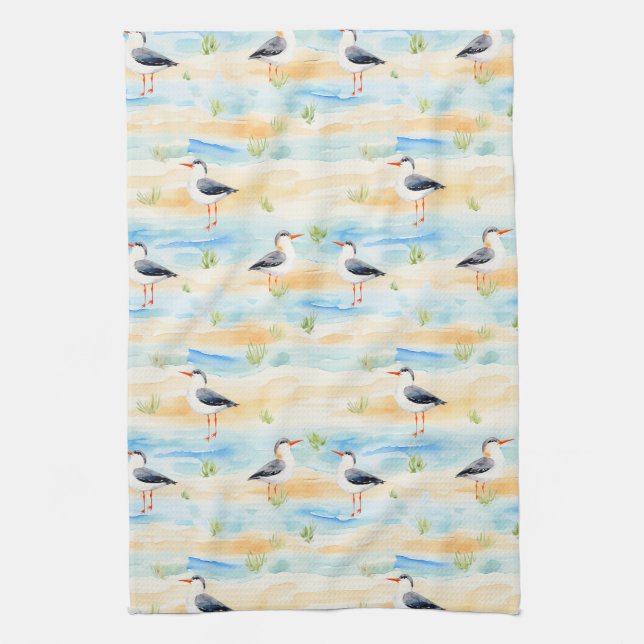 Coastal Sandpiper Shoreline Pattern (7) Tea Towel (Vertical)