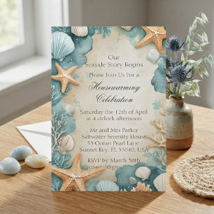 Coastal Sandy Beach Seashells Housewarming Party Invitation