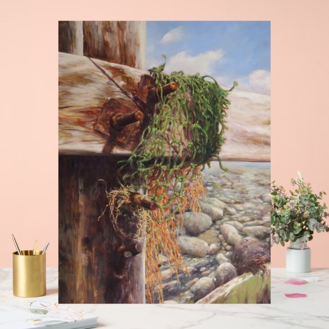 Coastal Scene with Pebbles and Weathered Wood. Acrylic Sign (Wedding)