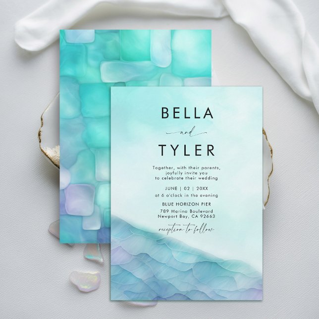 Coastal Sea Glass 2 Teal Lavender Modern Wedding Invitation (coastal wedding invitation sea glass teal blue lavender purple modern ocean beach elegant modern )