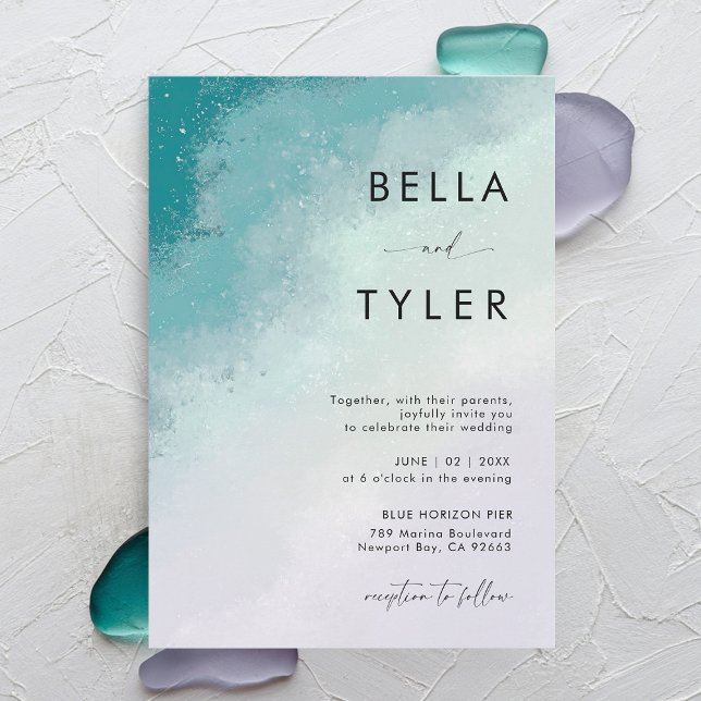 Coastal Sea Glass Teal Lavender Modern Wedding Invitation (coastal wedding invitation sea glass teal blue lavender purple modern ocean beach elegant modern)