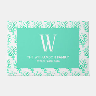 Coastal Sea Green Gradient Corals & Family Name Doormat