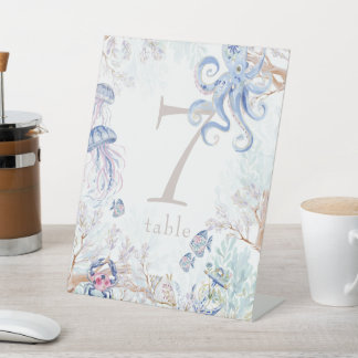 Coastal Sea Life Baby Shower Table Number Pedestal Sign
