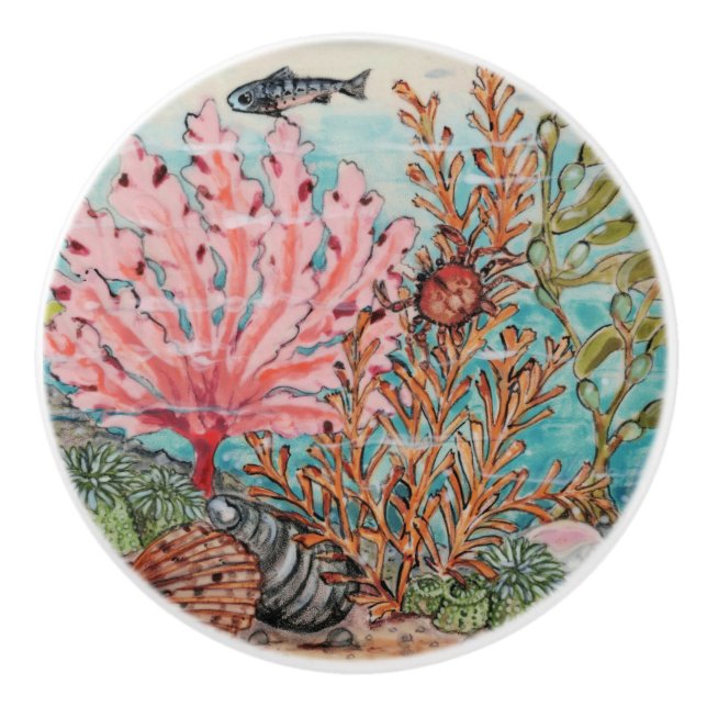Coastal Sea Life Coral Crab Shell Underwater Ocean Ceramic Knob (Front)