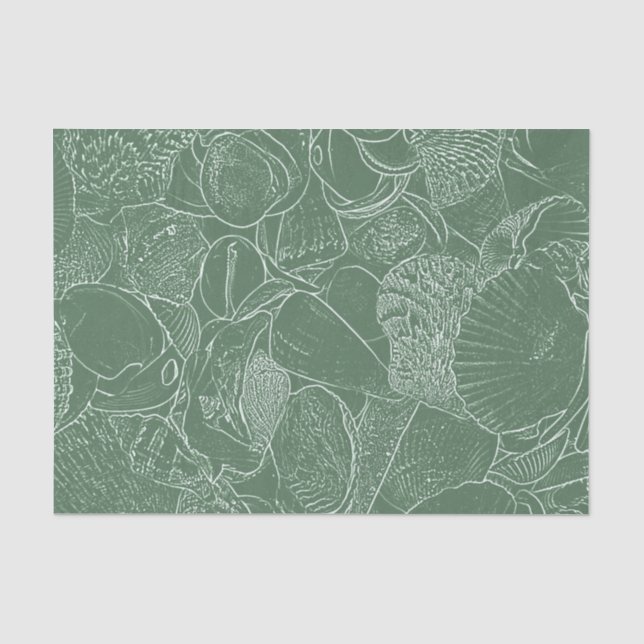 Coastal Sea Shell Beach Green White Decoupage Tissue Paper (Front)