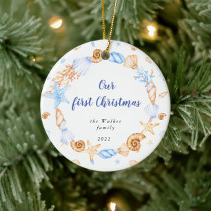 Coastal Sea Shell Our First Christmas Photo Ceramic Tree Decoration