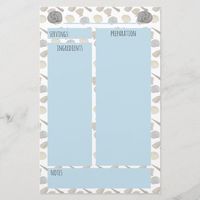 Coastal Sea Shells Recipe Binder Pages Stationery (Front)