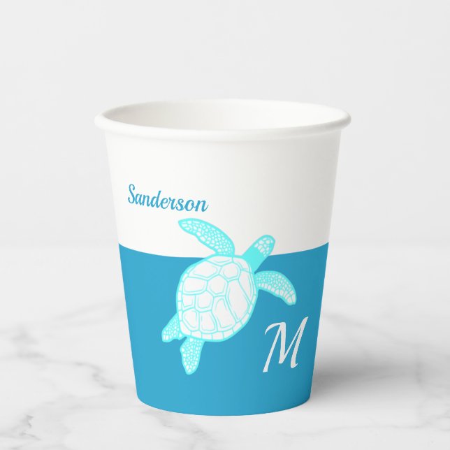 Coastal Sea Turtle  Blue Teal White Acrylic  Paper Cups (Front)