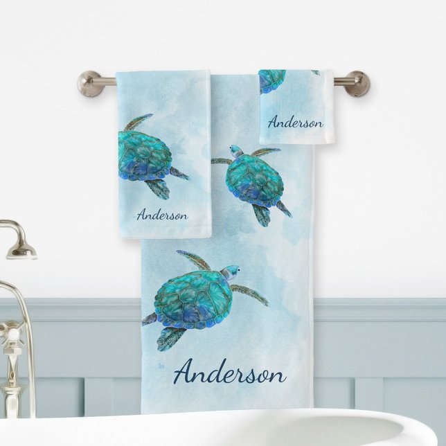 Coastal Sea Turtle Ocean Aqua Blue Bath Towel Set (Creator Uploaded)