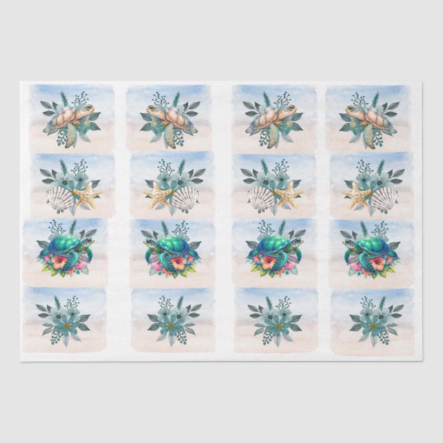 Coastal Sea Turtles Flowers Seashells Decoupage  Tissue Paper (Front)