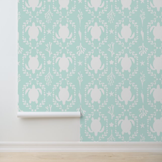 Coastal Sea Turtles in White and Mint Green Wallpaper (Application)