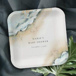 Coastal Sea Waves Sand Beach Nautical Baby Shower Paper Plate