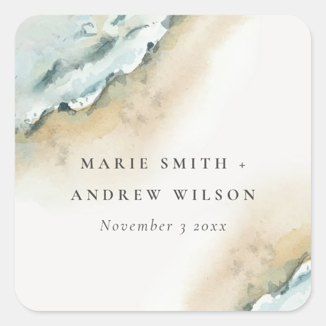 Coastal Sea Waves Sand Beach Nautical Wedding Square Sticker (Front)