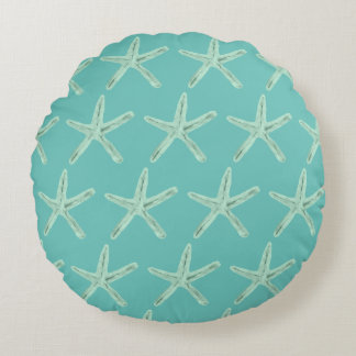 Coastal Seafoam Green Starfish Bohemian Round Cushion