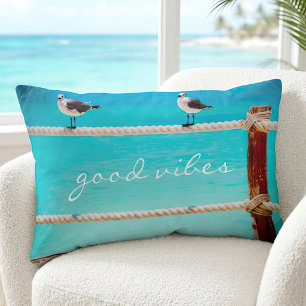 Coastal Seagull Beach Bird Good Vibes Quote Script Lumbar Cushion
