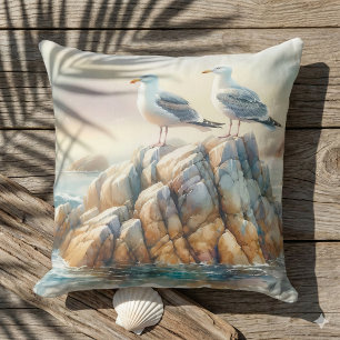 Coastal Seagulls Watercolor Seascape Cushion