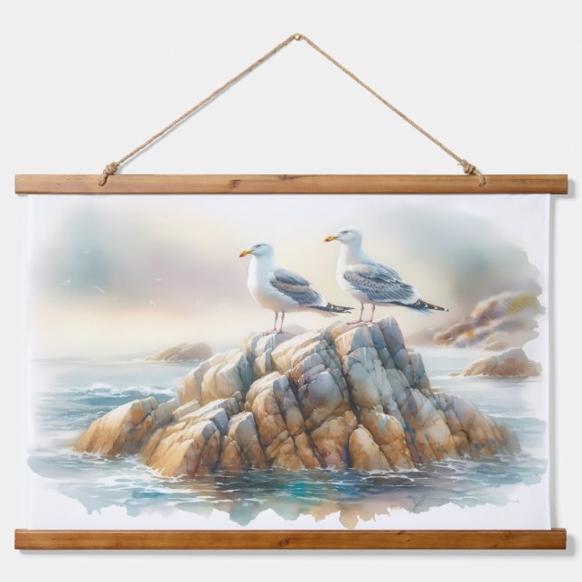 Coastal Seagulls Watercolor Seascape Hanging Tapestry (Front)