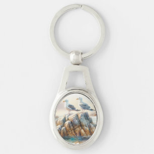 Coastal Seagulls Watercolor Seascape Key Ring
