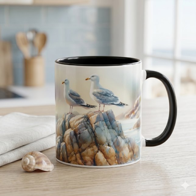 Coastal Seagulls Watercolor Seascape Mug (Coastal Seagulls Watercolor Seascape Mug)
