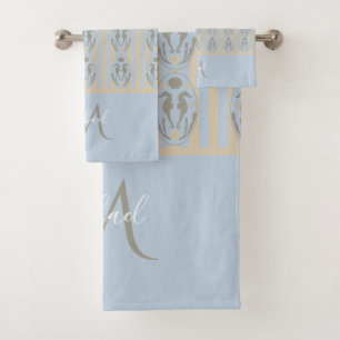 Coastal Seahorse Cameo Blue Cream Strip Monogram Bath Towel Set
