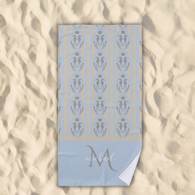 Coastal Seahorse Cameo Blue Cream Strip Monogram  Beach Towel (Creator Uploaded)