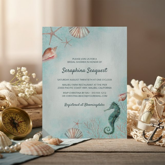 Coastal Seahorse Seashell Beach Bridal Shower Invitation (Creator Uploaded)