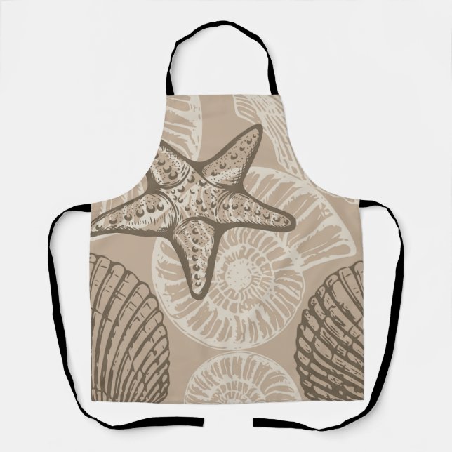 Coastal sealife starfish and shells in beige apron (Front)