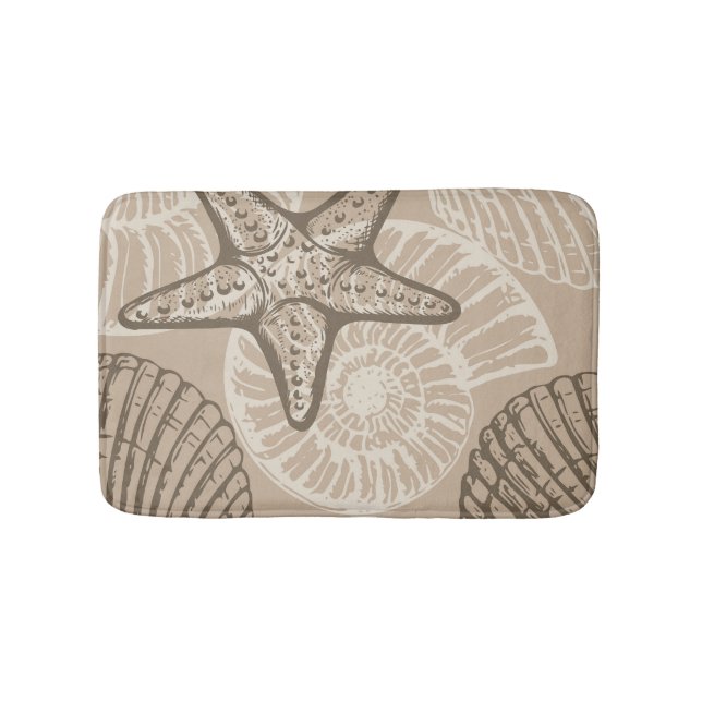 Coastal sealife starfish and shells in beige bath mat (Front)