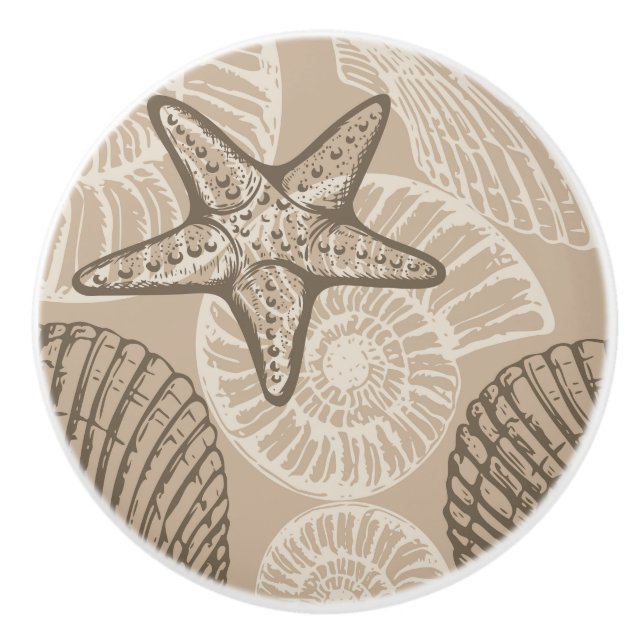 Coastal sealife starfish and shells in beige ceramic knob (Front)
