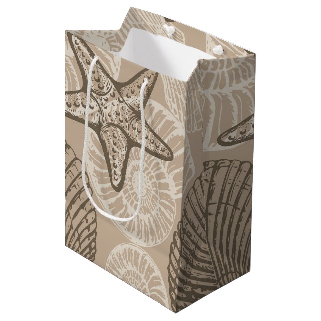 Coastal sealife starfish and shells in beige medium gift bag (Front Angled)