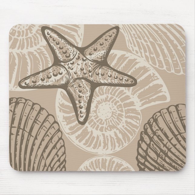 Coastal sealife starfish and shells in beige mouse pad (Front)