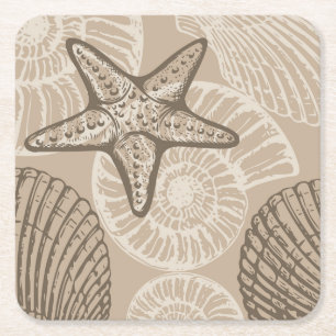 Coastal sealife starfish and shells in beige square paper coaster