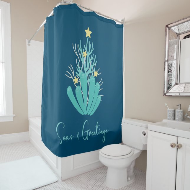 Coastal Seas and Greetings Shell Tree Shower Curtain (In Situ)
