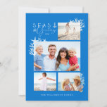 Coastal Seas & Greetings Blue Ocean Photo Frame Holiday Card<br><div class="desc">Who needs snowflakes when you have seashells! Capture a cool nautical casual and coastal vibe this holiday sea-son with our coastal seaside-inspired holiday Christmas collection. Features a unique three photomask frames with seashells, coral, seahorse, and starfish. "Seas & Greetings" is displayed with a ship anchor with an ocean blue background....</div>