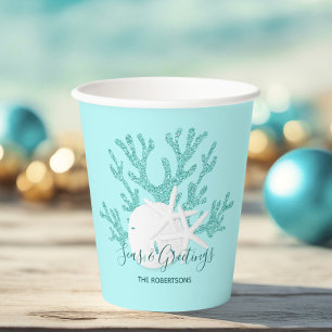 Coastal Seas & Greetings Christmas Beach Aqua Blue Paper Cups
