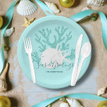 Coastal Seas & Greetings Christmas Beach Aqua Blue Paper Plate<br><div class="desc">Perfect for holiday coastal entertaining, these beachy Christmas paper plates have aqua blue glitter coral, white sand dollar and starfish, and the seasonal message “Seas & Greetings”, on a light aqua blue background. *If you would like this design on more products or need design help, please contact me through Zazzle...</div>