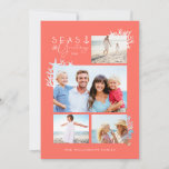 Coastal Seas & Greetings Coral Ocean Photo Frame Holiday Card<br><div class="desc">Who needs snowflakes when you have seashells! Capture a cool nautical casual and coastal vibe this holiday sea-son with our coastal seaside-inspired holiday Christmas collection. Features a unique three photomask frames with seashells, coral, seahorse, and starfish. "Seas & Greetings" is displayed with a ship anchor with an ocean coral pink...</div>