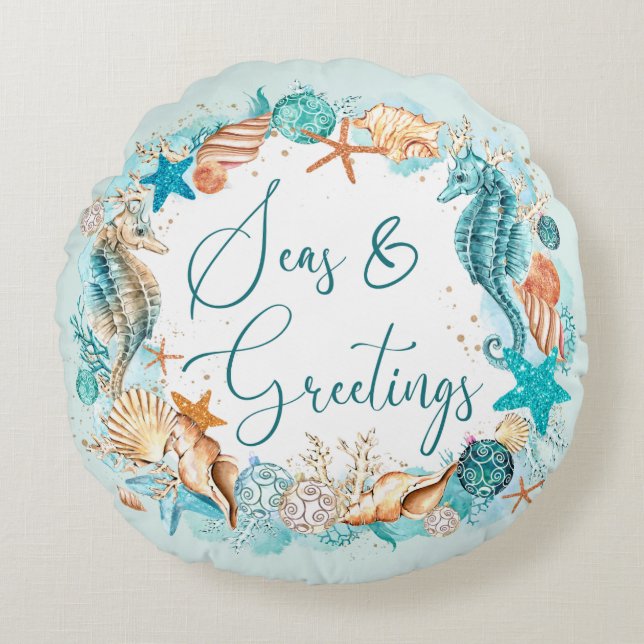 Coastal SEAS & GREETINGS Seahorse Shells Round Cushion (Front)