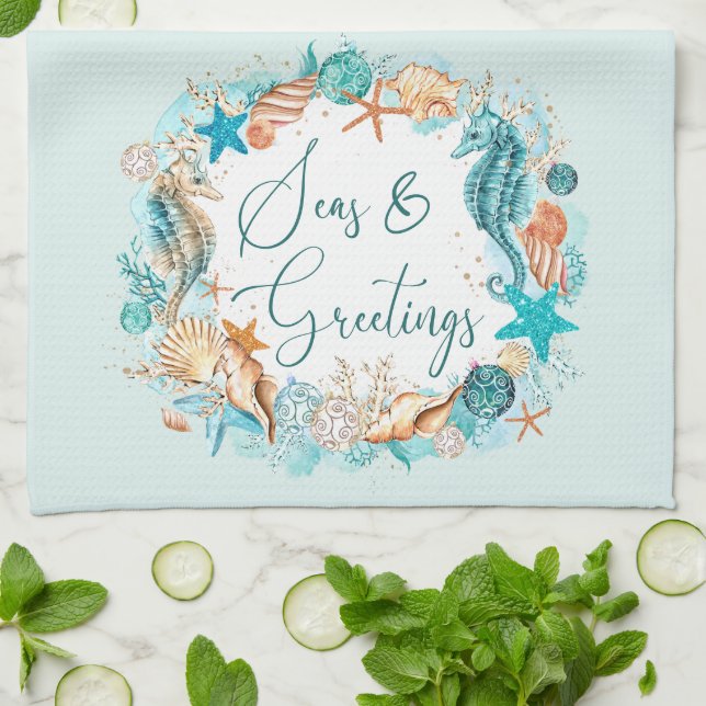 Coastal SEAS & GREETINGS Seahorse Shells Tea Towel (Folded)