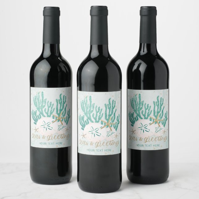 Coastal SEAS & Greetings Turquoise Glitter Coral Wine Label (Bottles)